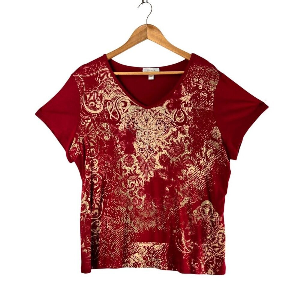 Dressbarn Tunic T-Shirt Red Gold Silver Studs 3X Floral Tapestry Look Cotton Kni